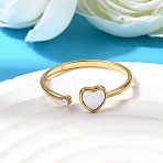 304 Stainless Steel & Natural Shell & Imitation Pearl Cuff Rings for Women, Real 18K Gold Plated, Ion Plating(IP), Long-Lasting Plated, Creamy White, Heart, US Size 8 1/4(18.3mm)(RJEW-G372-01G-01)