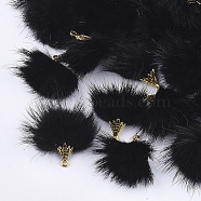 Faux Mink Fur Tassel Pendant Decorations, with Alloy Findings, Antique Golden, Black, 20~30x28~30mm, Hole: 1.8mm(X-FIND-S300-37A)