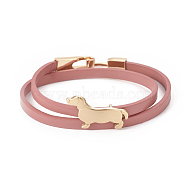 Imitation Leather Puppy Wrap Bracelets, 2-Loops, with Alloy Sausage Dog/Dachshund Side Charms and Clasps, Golden, Flamingo, 14-5/8 inch(37cm), 5.5x2mm(BJEW-G620-A02)