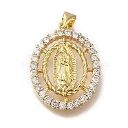 Rack Plating Brass Micro Pave Clear Cubic Zirconia Pendants, Long-Lasting Plated, Cadmium Free & Lead Free, Virgin Mary Charms, Real 18K Gold Plated, Oval, 25.5x19.5x4.5mm, Hole: 3x4mm(KK-G500-02A-G)