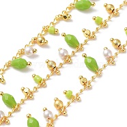 Handmade Brass Curb Chains, with Glass Charms, Real 18K Gold Plated, Soldered, with Spool, Lime Green, 3mm(CHC-K014-09G-04)