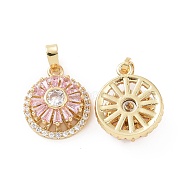 Real 18K Gold Plated Brass Micro Pave Clear Cubic Zirconia Pendants, Flat Round Charms, Pink, 17x14x7mm, Hole: 5x3mm(KK-E068-VC303)
