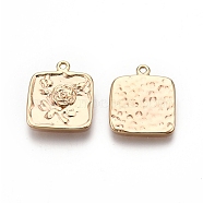 Square with Rose Pattern Brass Pendants, Nickel Free, Real 18K Gold Plated, 16x13.5x1.5mm, Hole: 1.2mm(KK-G436-20G)