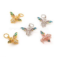 Brass Micro Pave Cubic Zirconia Pendants, with Jump Rings and Enamel, Bees, Colorful, Mixed Color, 12x15.5x4mm, Jump Ring: 5x0.7mm, Hole: 3.5mm(KK-I672-45)
