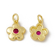 Rack Plating Brass Cubic Zirconia Charms, with Jump Ring, Real 18K Gold Plated, Long-Lasting Plated, Cadmium Free & Nickel Free & Lead Free, 5-Petal Flower Charm, Deep Pink, 12x10.5x2.5mm, Jump Ring: 5x0.9mm, Inner Diameter: 3.2mm(KK-C007-23G-02)