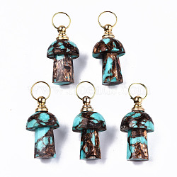 Assembled Natural Bronzite and Synthetic Turquoise Openable Perfume Bottle Pendants, with Light Gold Brass Findings, Dyed, Mushroom, Capacity: 1ml(0.03 fl. oz), 34~35x20~21mm, Hole: 10.5mm(G-S366-057A)