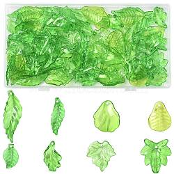 80Pcs 8 Styles Transparent Acrylic Pendants, Leaf, Lawn Green, 19.5~41x10.5~24x1.2~3.5mm, Hole: 2mm, 10pcs/style(OACR-FS0002-34)
