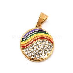 304 Stainless Steel Enamel Pendants, with Crystal Rhinestone, Flat Round Charms, Golden, Colorful, 26x22x5mm, Hole: 8x4.5mm(STAS-K243-35G)
