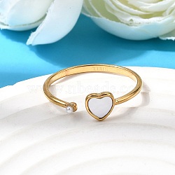 304 Stainless Steel & Natural Shell & Imitation Pearl Cuff Rings for Women, Real 18K Gold Plated, Ion Plating(IP), Long-Lasting Plated, Creamy White, Heart, US Size 8 1/4(18.3mm)(RJEW-G372-01G-01)