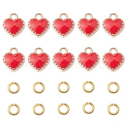 Heart Alloy Enamel Charms, with Brass Open Jump Rings, Red, Charms: 8x7.5x2.5mm, hole: 1.5mm, 10pcs; Jump Rings: 20 Gauge, 4x0.8mm, Inner Diameter: 2.4mm, 10pcs(ENAM-YW0002-85A)