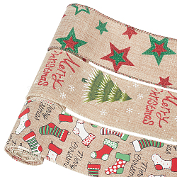 3Pcs 3 Styles Christmas Theme Burlap Ribbon Jute Ribbon, for Garment Accessories, Dark Khaki, Star/Christmas Tree/Christmas Sock Pattern, Mixed Patterns, 2-3/8 inch(60mm), about 2.19 Yards(2m)/Box(OCOR-FG0001-63)
