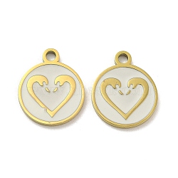 Ion Plating(IP) 316L Surgical Stainless Steel Pendants, with Enamel, Real 18K Gold Plated, Flat Round with Heart Charm, Old Lace, 16x13.5x1.5mm, Hole: 2mm(STAS-D035-17G)