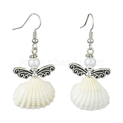 Alloy Fairy Wings Dangle Earrings, Natural Shell Drop Earrings, Antique Silver, 48x22mm(EJEW-JE05652)