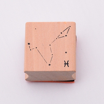 Wooden Stamps, with Rubber, Square with Twelve Constellations, Pisces, 30x30x24mm