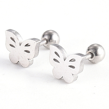 201 Stainless Steel Barbell Cartilage Earrings, Screw Back Earrings, with 304 Stainless Steel Pins, Butterfly, Stainless Steel Color, 6.5x8x2mm, Pin: 1mm