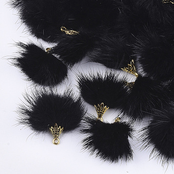Faux Mink Fur Tassel Pendant Decorations, with Alloy Findings, Antique Golden, Black, 20~30x28~30mm, Hole: 1.8mm