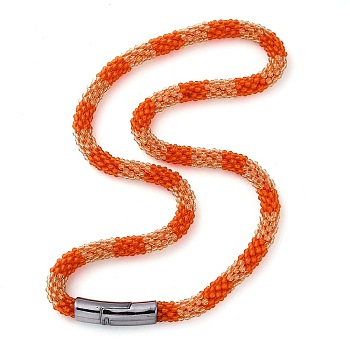 Glass Crochet Beaded Necklace, Fashion Nepal Necklace with Alloy Magnetic Clasps, Dark Orange, 17.87 inch(45.4cm)