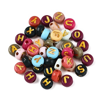 Plating Acrylic Beads, with Metal Enlaced, Flat Round with Letter, Mixed Color, 7x4mm, Hole: 1.6mm, about 3330pcs/500g