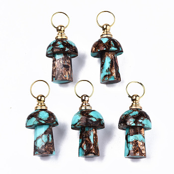 Assembled Natural Bronzite and Synthetic Turquoise Openable Perfume Bottle Pendants, with Light Gold Brass Findings, Dyed, Mushroom, Capacity: 1ml(0.03 fl. oz), 34~35x20~21mm, Hole: 10.5mm