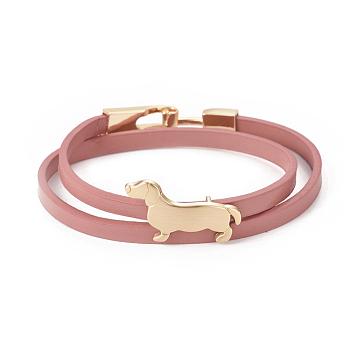Imitation Leather Puppy Wrap Bracelets, 2-Loops, with Alloy Sausage Dog/Dachshund Side Charms and Clasps, Golden, Flamingo, 14-5/8 inch(37cm), 5.5x2mm