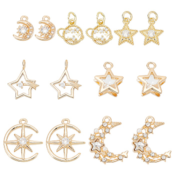 ARRICRAFT Alloy & Brass Cubic Zirconia Charms, Mixed Shapes Charms, Golden, 10.5~20.5x7.5~15x2~5.5mm, hole: 1.2~3.3mm, 30pcs/box