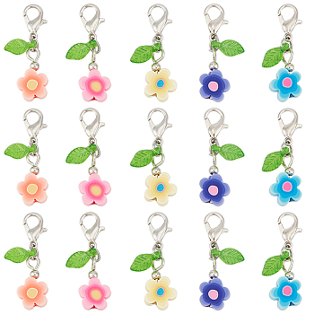 50Pcs Flower Handmade Polymer Clay Pendant Decorations, Leaf Transparent Acrylic and Alloy Lobster Claw Clasps Charm, Mixed Color, 29mm