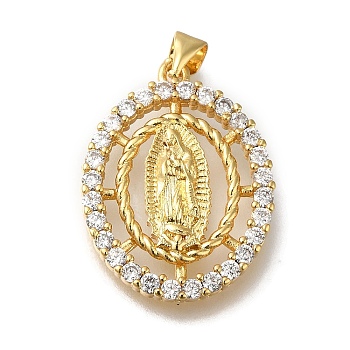 Rack Plating Brass Micro Pave Clear Cubic Zirconia Pendants, Long-Lasting Plated, Cadmium Free & Lead Free, Virgin Mary Charms, Real 18K Gold Plated, Oval, 25.5x19.5x4.5mm, Hole: 3x4mm
