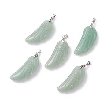 Natural Green Aventurine Pendants, with Platinum Plated Brass Loops, Wing, 36x15~16.6x6.5~7.7mm, Hole: 5x4mm