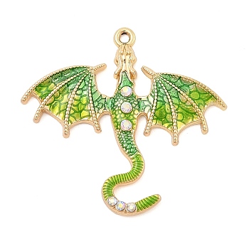 Rack Plating Alloy Enamel Pendants, with Rhinestone, Dragon Charm, Green Yellow, 38x41x4mm, Hole: 1.6mm