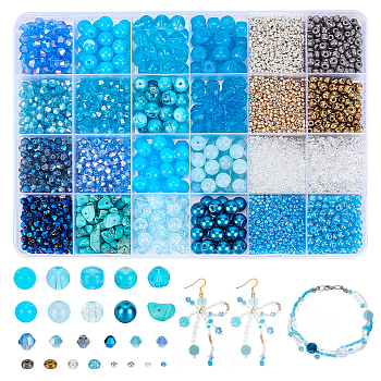 Elite DIY Beads Jewelry Making Finding Kit, Including Seed & Glass & Acrylic & Synthetic Turquoise Beads, Round & Column & Bicone & Nuggets, Dodger Blue, 2~9x2~12~2~9mm, Hole: 0.5~2mm