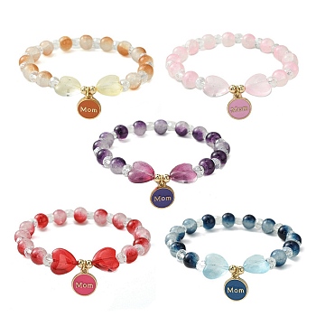 Jewelry Gift for Mother's Day, Alloy Enamel Charm Bracelets, Round & Heart Twon Tone Glass Beaded Bracelet for Women, Mixed Color, Inner Diameter: 2 inch(5cm)