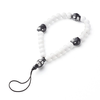 Opaque Acrylic Beads Mobile Straps, with Craft Style Acrylic Skull Beads and Braided Nylon Thread, White, 18.5cm