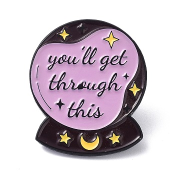 You Will Get Through This Enamel Pin, Moon & Star Crystal Ball Alloy Enamel Brooch for Backpacks Clothes, Electrophoresis Black, Violet, 29.5x25x11mm