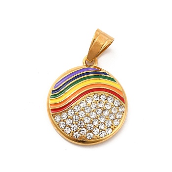 304 Stainless Steel Enamel Pendants, with Crystal Rhinestone, Flat Round Charms, Golden, Colorful, 26x22x5mm, Hole: 8x4.5mm