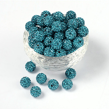 Pave Disco Ball Beads, Polymer Clay Rhinestone Beads, Grade A, Round, Blue Zircon, PP14(2~2.1mm), 10mm, Hole: 1.0~1.2mm