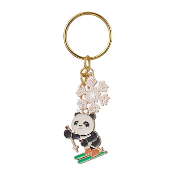 Snowflake & Panda Alloy Enamel Pendant Keychains, with Iron Split Key Rings, Golden, 8.15cm, Pendant: 27x20x1.3mm