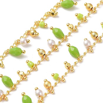 Handmade Brass Curb Chains, with Glass Charms, Real 18K Gold Plated, Soldered, with Spool, Lime Green, 3mm