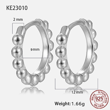 Rhodium Plated 925 Sterling Silver Hoop Earrings, with S925 Stamp, Platinum, 12x2mm