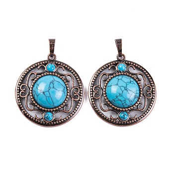 Synthetic Turquoise Pendants, Rack Plating Brass Hollow Flat Round Charms, Cadmium Free & Lead Free, Red Copper, 36.5x33x9.5mm, Hole: 7.5x5mm