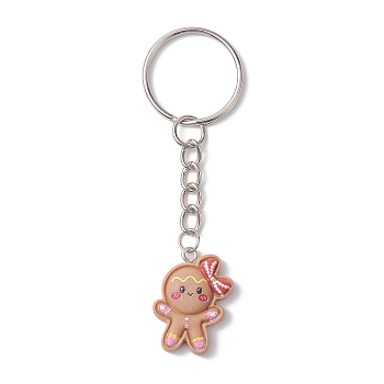 Christmas Resin Kechain, with Iron Split Key Rings, Gingerbread Man, Platinum, 8cm