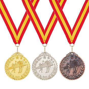 3Pcs 3 Colors Alloy Award Volleyball Medal, with Stripe Pattern Lanyard, Flat Round, Mixed Color, 840mm, 1pc/color