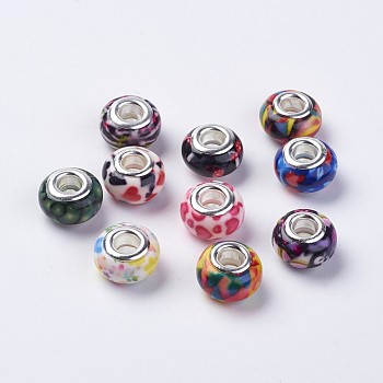 Resin European Beads, with Silver Color Plated Brass Double Cores, Rondelle, Mixed Color, 14x8.5mm, Hole: 5mm