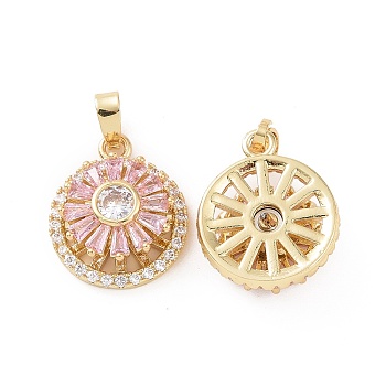 Real 18K Gold Plated Brass Micro Pave Clear Cubic Zirconia Pendants, Flat Round Charms, Pink, 17x14x7mm, Hole: 5x3mm