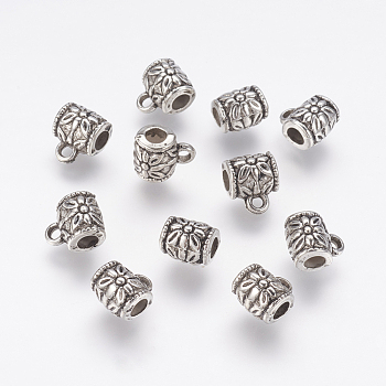 CCB Plastic Tube Bails, Loop Bails, Column with Flower, Antique Silver, 10x8x7mm, Hole: 2mm, Inner Diameter: 3mm