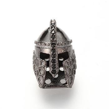 Brass Micro Pave Cubic Zirconia Gladiator Helmet Beads, Gunmetal, 19~20x15~16x11.5mm