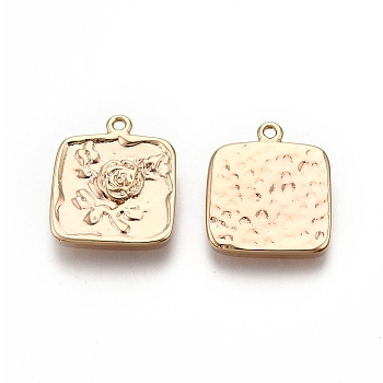 Square with Rose Pattern Brass Pendants, Nickel Free, Real 18K Gold Plated, 16x13.5x1.5mm, Hole: 1.2mm