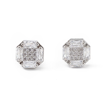 Clear Cubic Zirconia Hexagon Stud Earrings, Brass Jewelry for Women, Long-Lasting Plated, Lead Free & Cadmium Free, Platinum, 8.5mm, Pin: 0.8mm