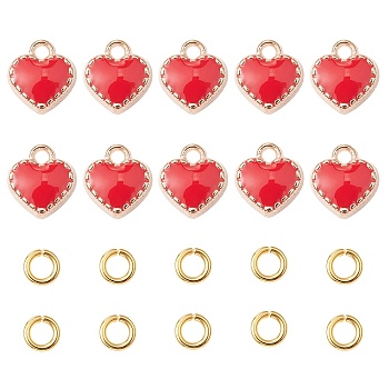 Heart Alloy Enamel Charms, with Brass Open Jump Rings, Red, Charms: 8x7.5x2.5mm, hole: 1.5mm, 10pcs; Jump Rings: 20 Gauge, 4x0.8mm, Inner Diameter: 2.4mm, 10pcs