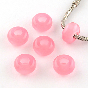 Imitation Cat Eye Resin European Beads, Large Hole Rondelle Beads, Pearl Pink, 13~14x7~7.5mm, Hole: 5mm