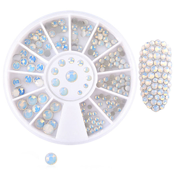 Glass Rhinestone Flat Back Cabochons, Nail Art Decoration Accessories, Faceted, Half Round, White Opal